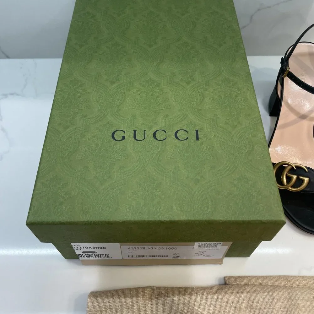 GUCCI - GG Marmont Leather Block Heel Sandal Black size 37 - US size 7 - Picture 5 of 8